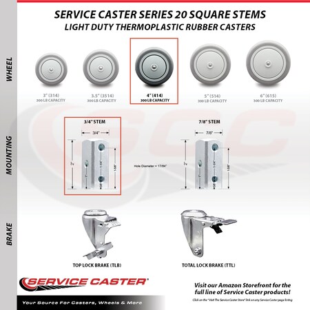 Service Caster 4 Inch Thermoplastic Rubber Swivel 3/4 Inch Square Stem Caster Brakes SCC, 2PK SCC-SQ20S414-TPRB-TLB-34-2-S-2